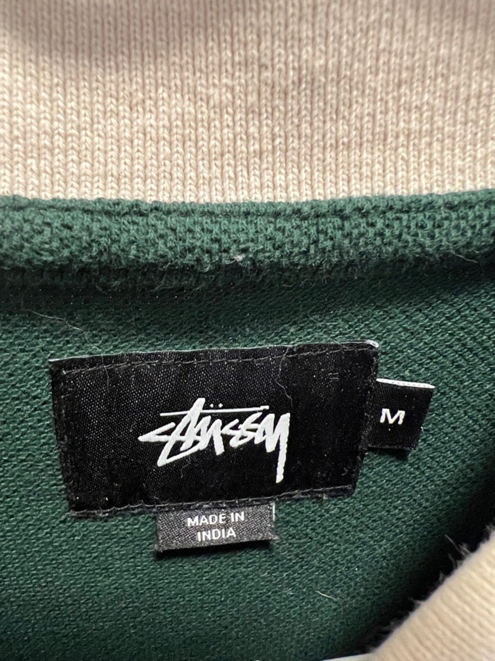 Stussy Men's Forest Green Zip Polo Sweater with Cream Stripe - Picture 2 of 6